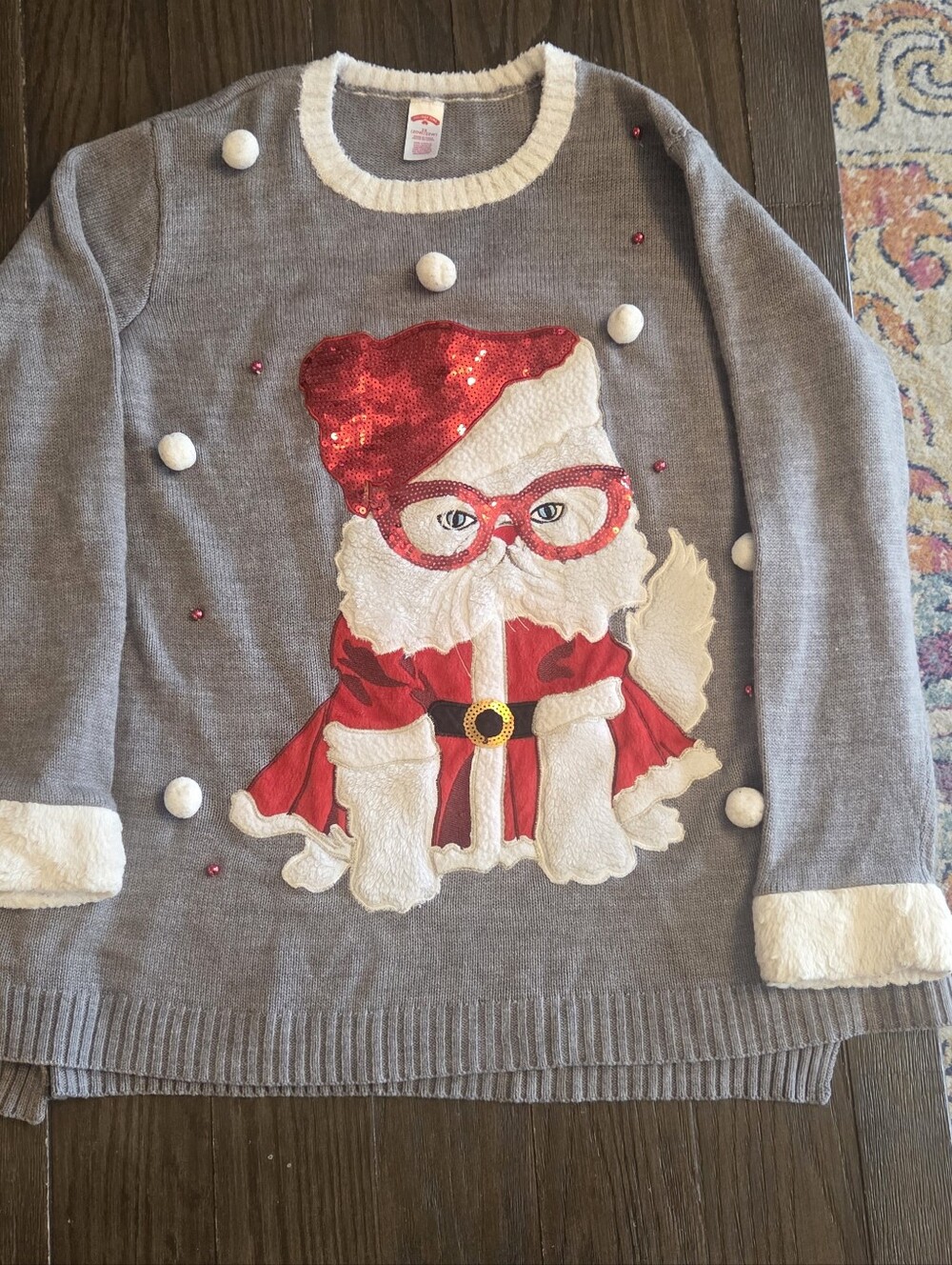 Holiday Time Gray Sweater with Red Sequin Santa Cat and White Pom Accents